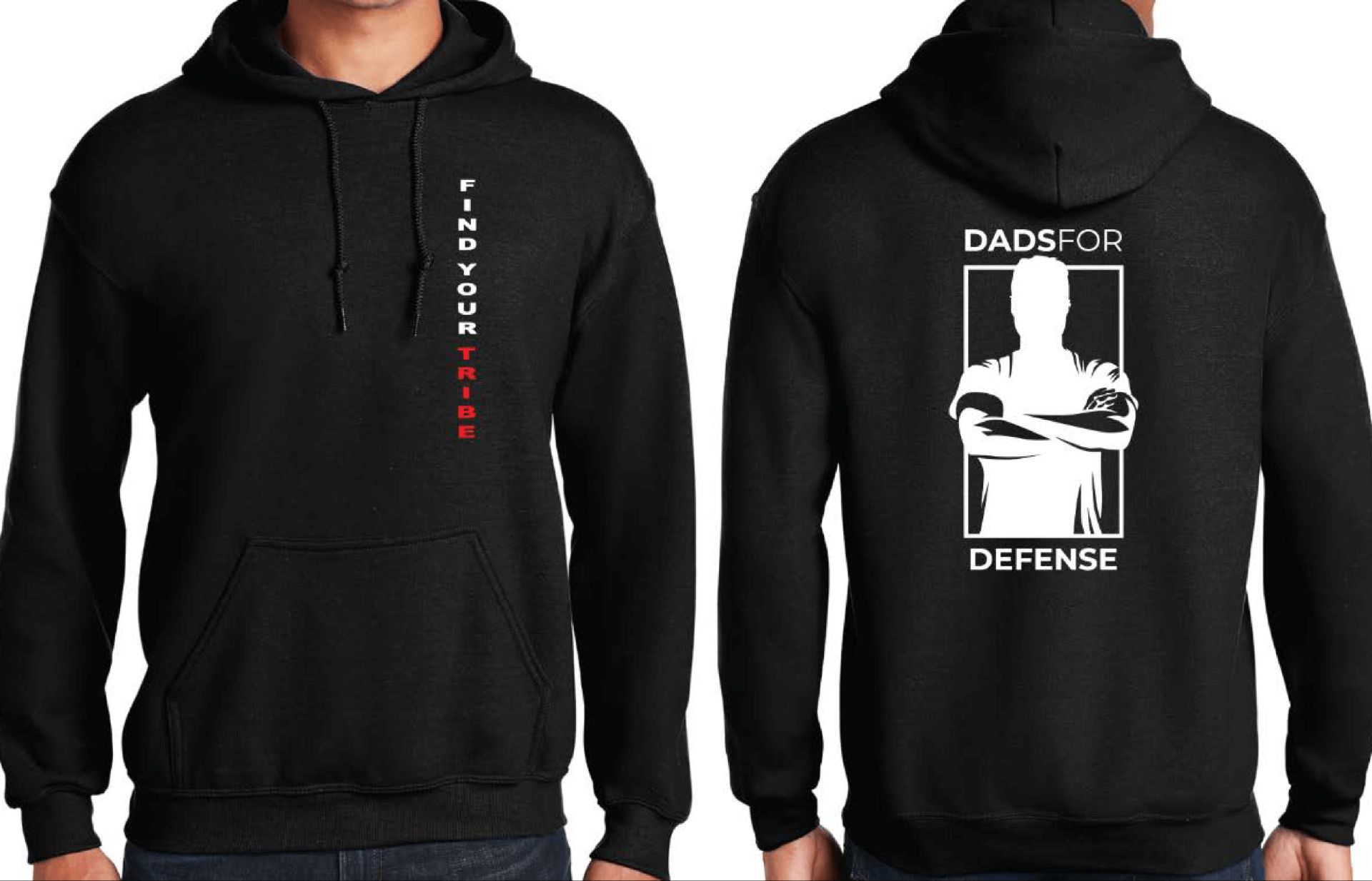 black hoodie with Dads for Defense logo print